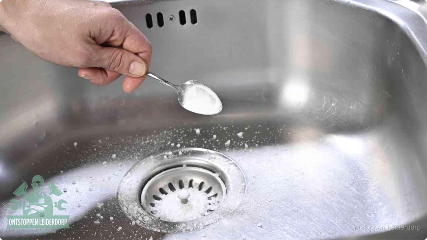 Hand strooit soda in de afvoer, riool ontstoppen met soda en azijn in Leiderdorp