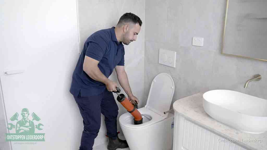 Een monteur gebruikt een handmatige perspomp (toiletontstopper) op een wandcloset tijdens het professioneel wc ontstoppen in Leiderdorp