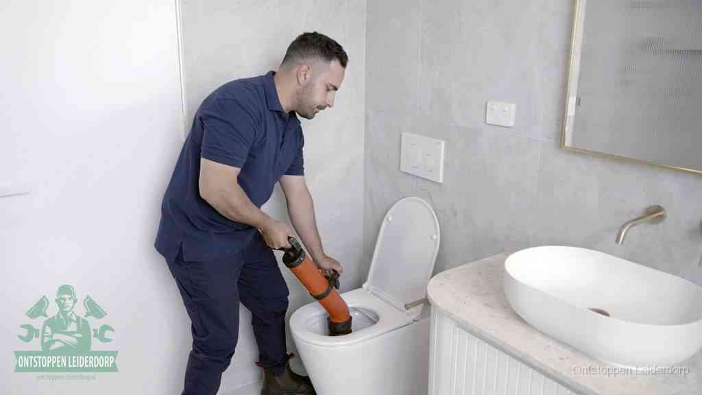 Een man gebruikt een handmatige luchtdruk-ontstopper in een modern betegeld toilet om zelf de wc te ontstoppen in Leiderdorp